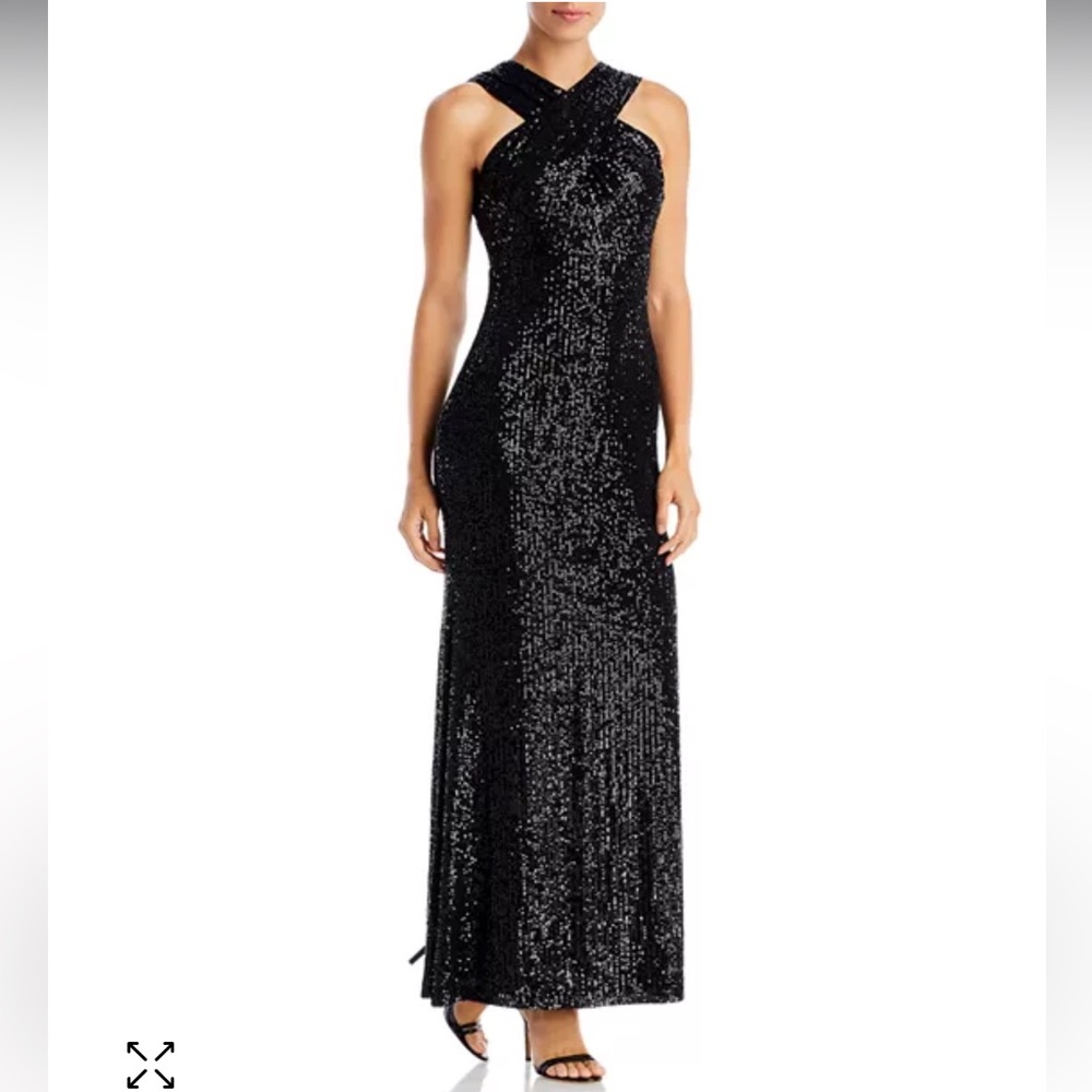 Black Sequin Crisscross Halter Long Formal Gown Dress Mother of the Bride Groom